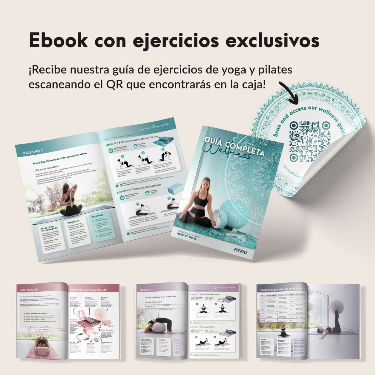 E-book con ejercicios de yoga y pilates, código QR con guía de bienestar.
