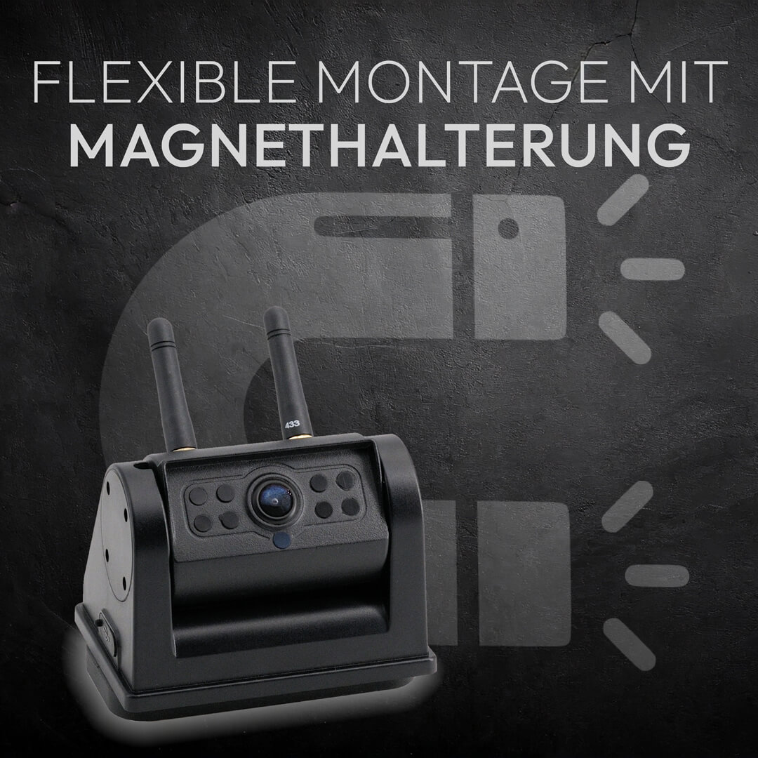 Schwarze Überwachungskamera mit Antennen und Magnetfuß auf dunklem Hintergrund.