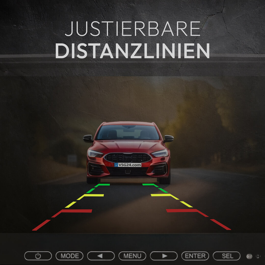 Rückfahrkameraansicht mit rotem Auto und Distanzlinien.