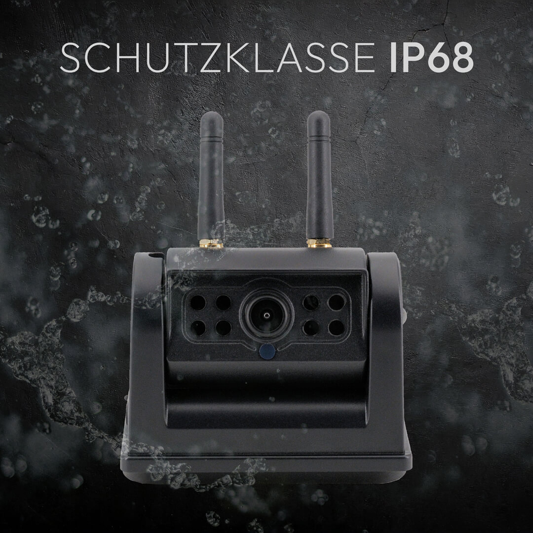 Schwarze Kamera mit zwei Antennen, Schutzklasse IP68.