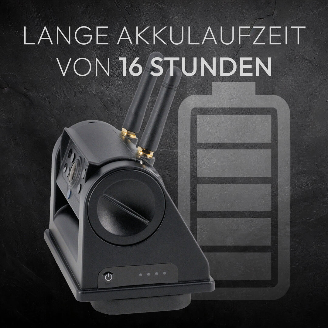 Schwarzes Gerät mit Antennen neben Batterie-Symbol. Text: Lange Akkulaufzeit.