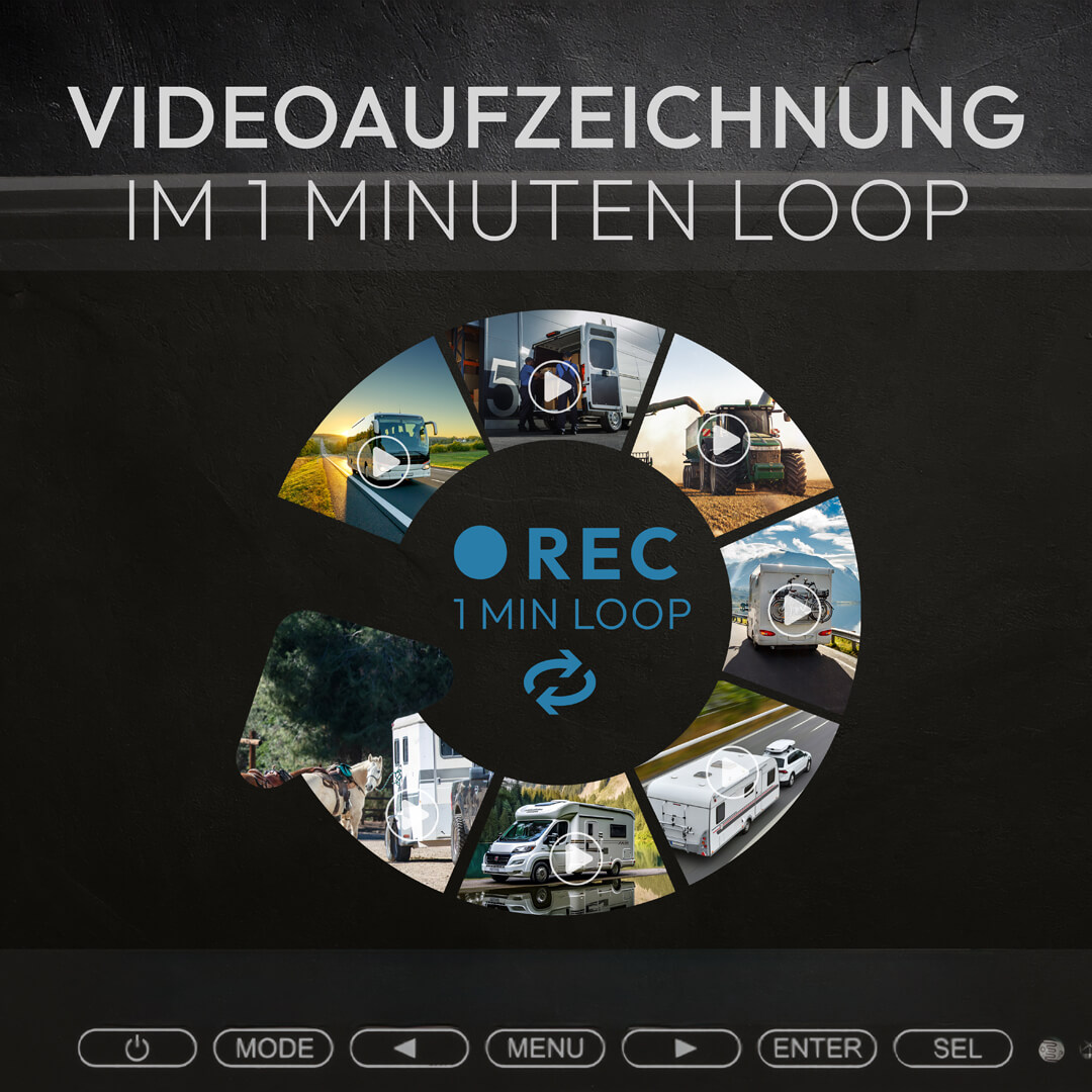 Videoaufzeichnung im 1-Minuten-Loop mit verschiedenen Fahrzeugbildern.