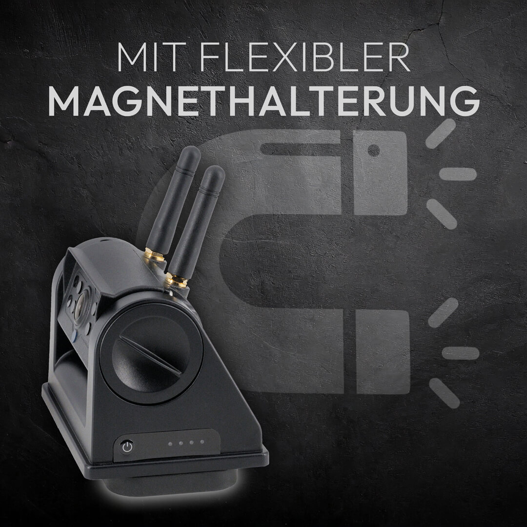 Schwarzes Gerät mit Antennen vor Magnet-Symbol und Text auf dunklem Grund.