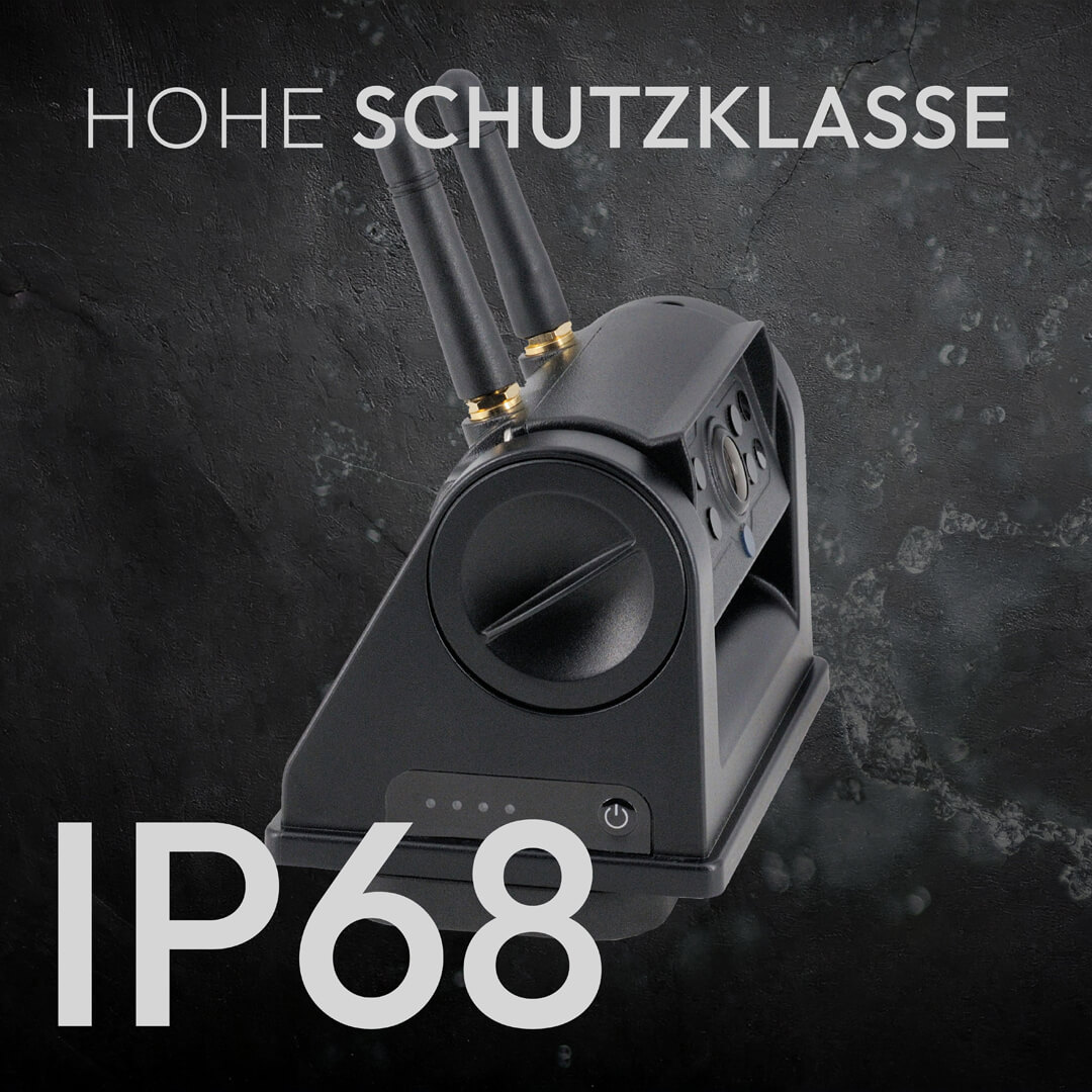 Schwarze Kamera mit Antennen, IP68 und HOHE SCHUTZKLASSE.