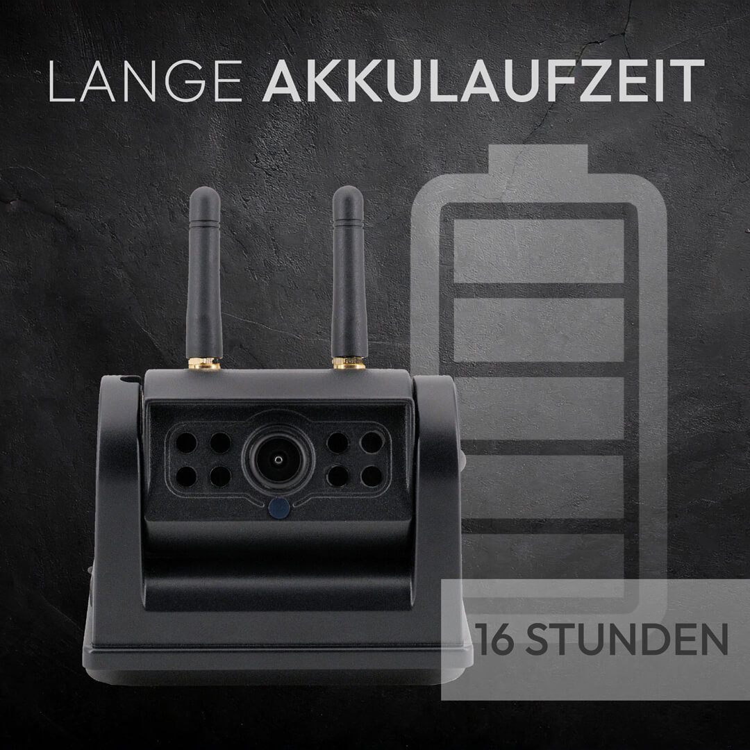 Schwarze Überwachungskamera mit zwei Antennen, Akku-Symbol und 16 Stunden.