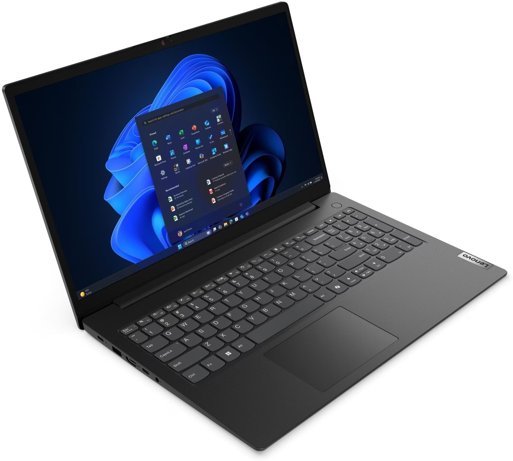 Portátil negro con pantalla abierta mostrando el menú Inicio de Windows 11.