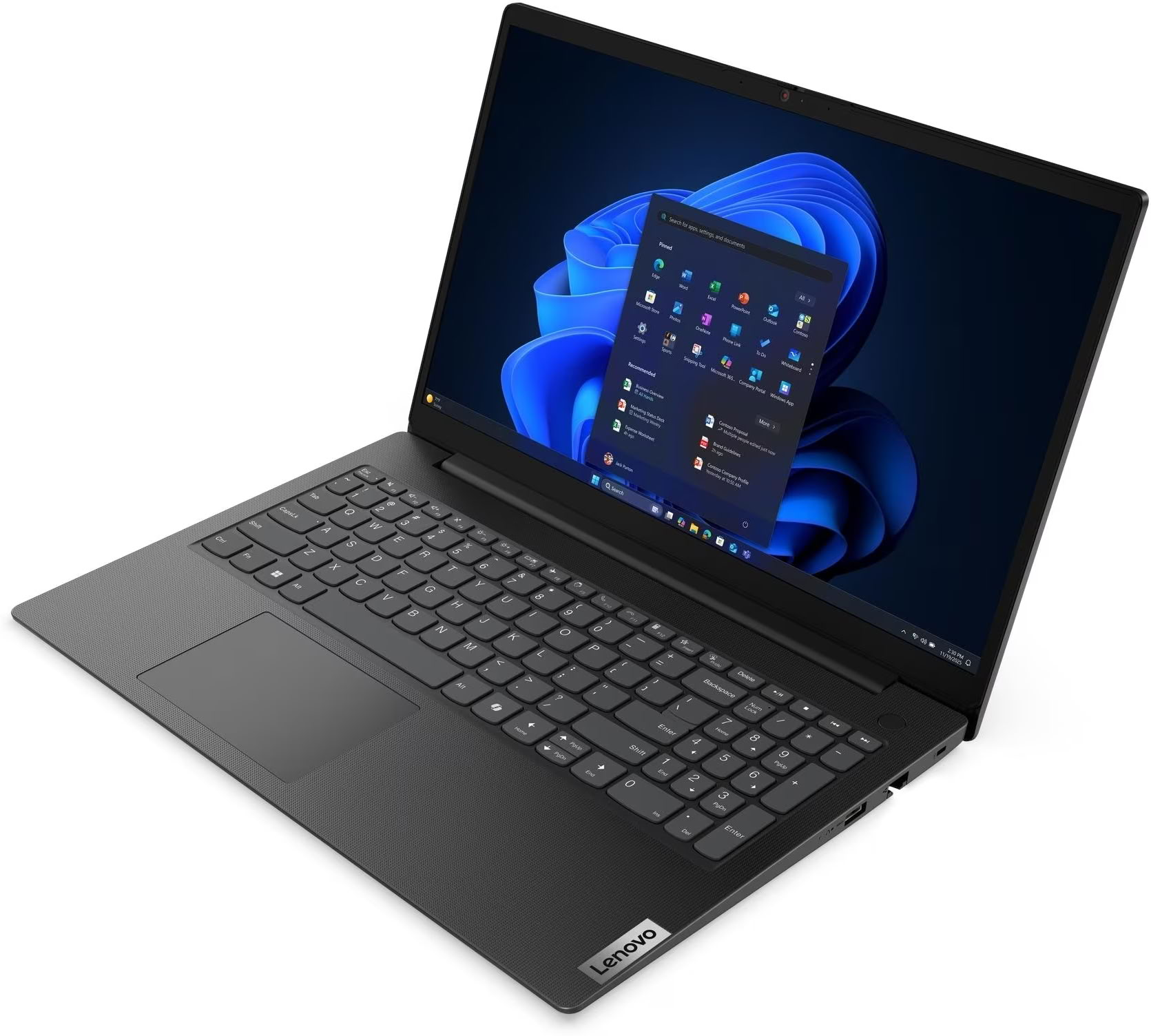 Un portátil Lenovo negro muestra Windows 11 con su menú de inicio abierto.