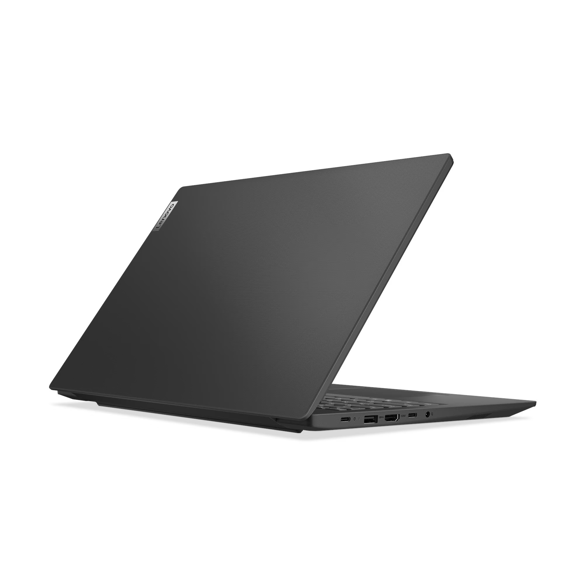 Un portátil cerrado y oscuro con el logo de Lenovo en la tapa.