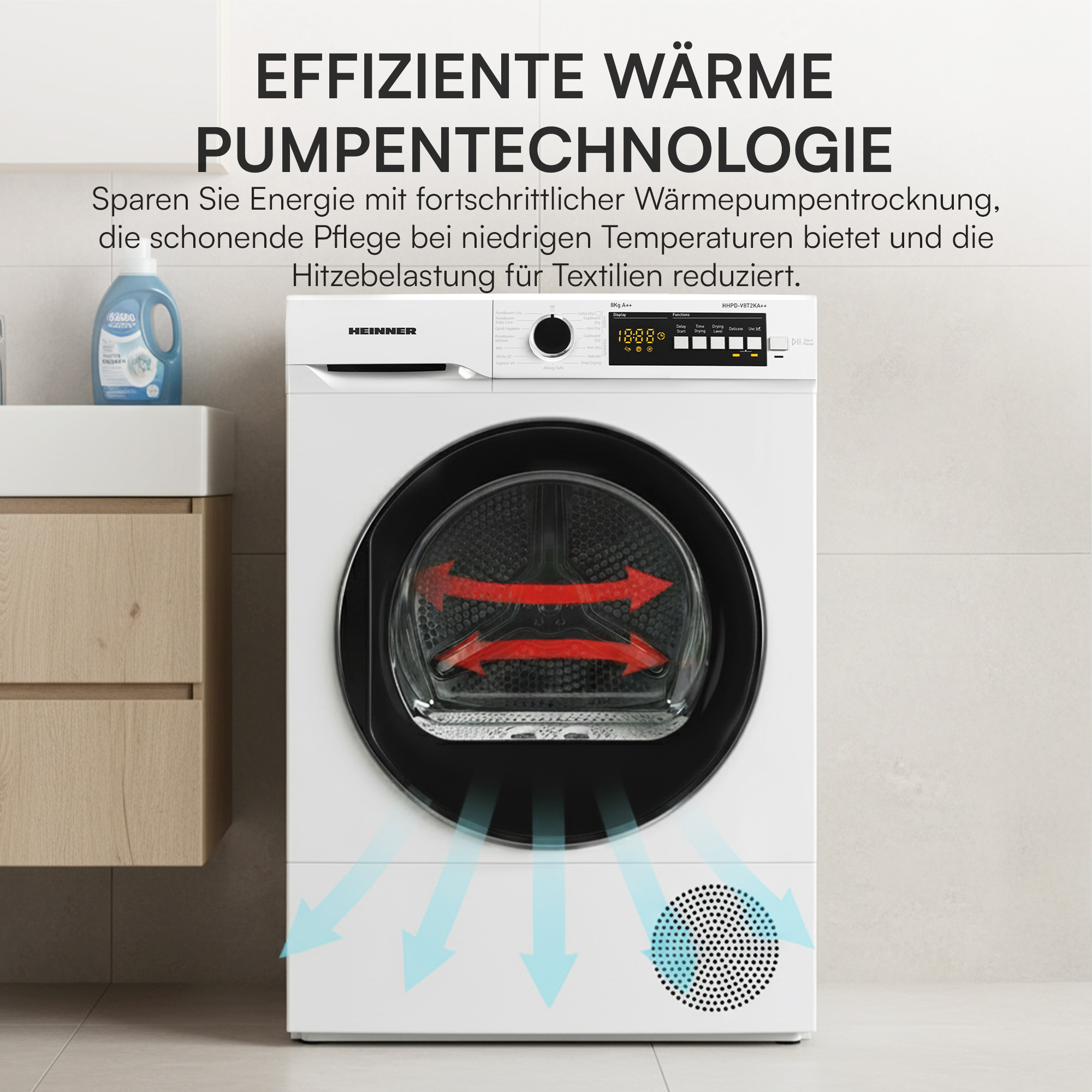 Eine weiße Wärmepumpentrocknermaschine mit rotem Pfeilsymbol im Trommelfenster.