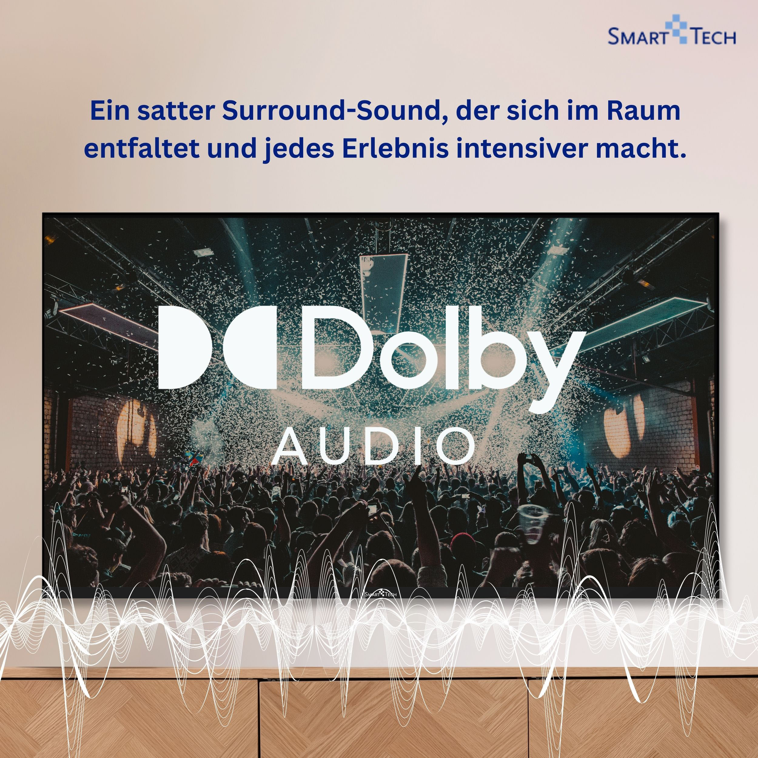 Dolby Audio Logo auf einem Bildschirm mit Konfetti und einer jubelnden Menge.