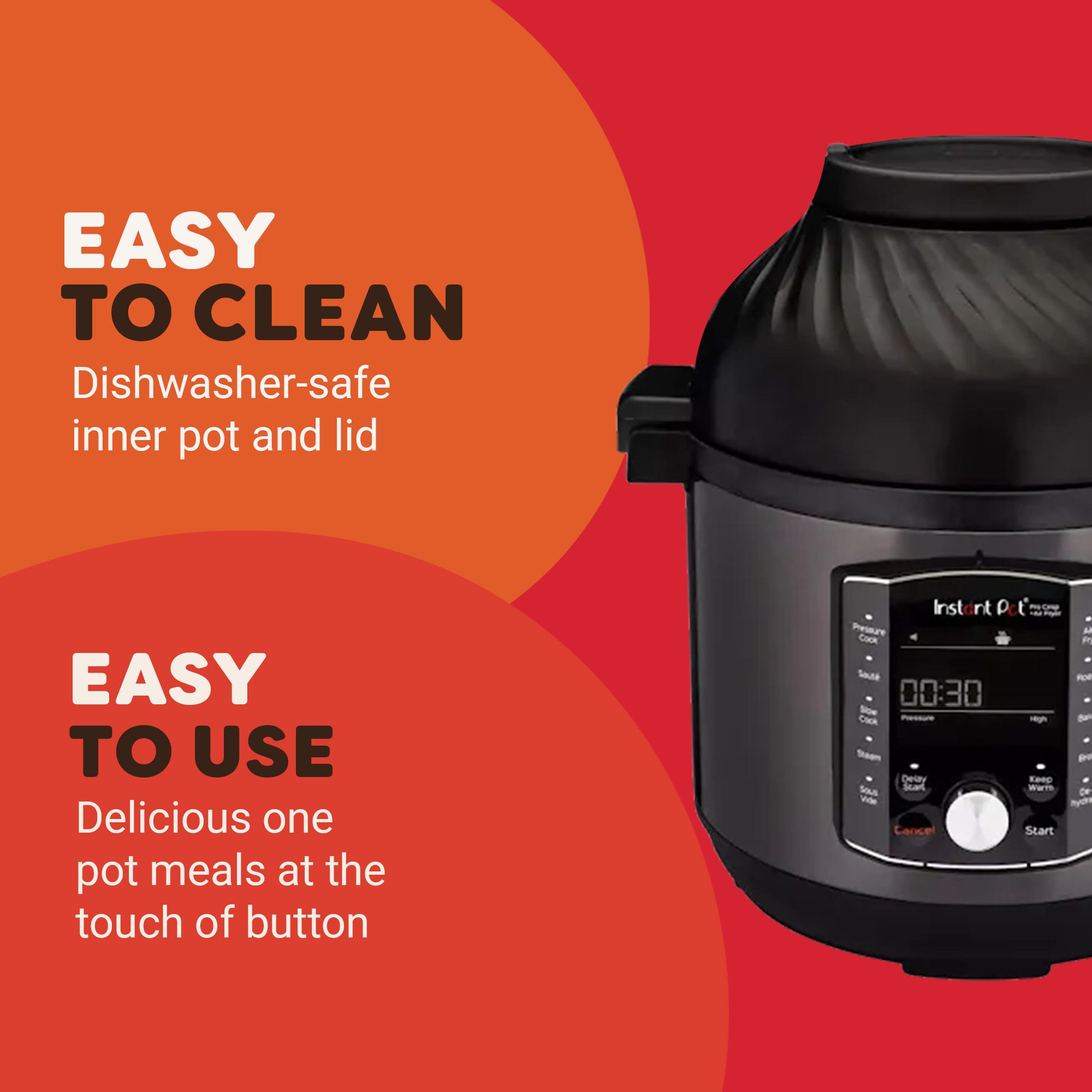 Czarny Instant Pot z panelem sterowania na czerwonym tle. Po lewej tekst o łatwym czyszczeniu i użytkowaniu.