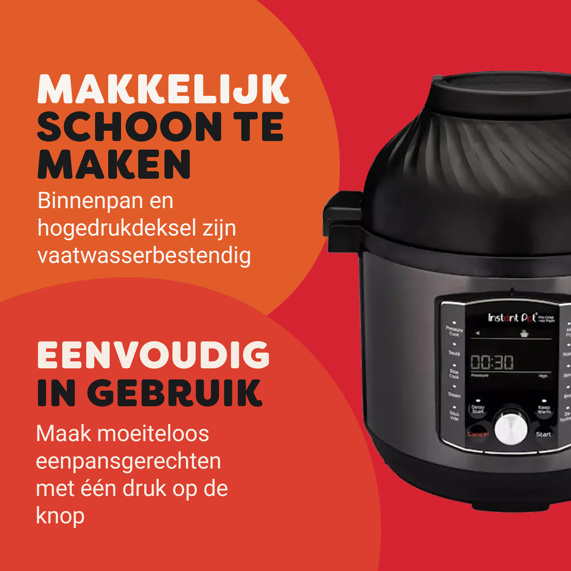 Czarny Instant Pot z panelem sterowania na czerwonym tle. Tekst po niderlandzku.