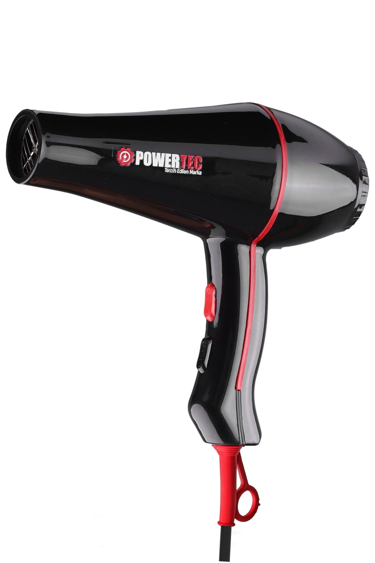 Kırmızı detaylı ve "POWERTEC" logolu siyah saç kurutma makinesi.