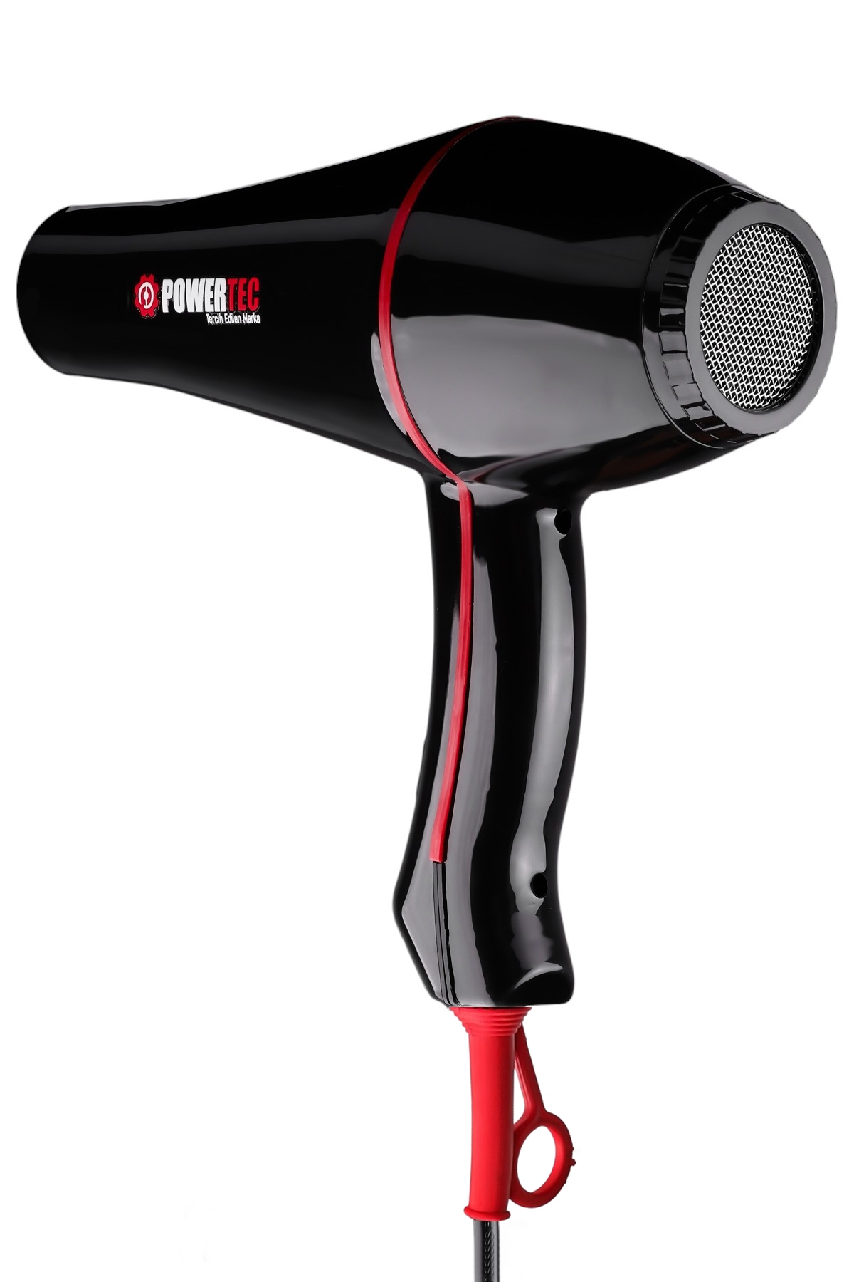 Kırmızı vurgulara ve PowerTec logosuna sahip siyah saç kurutma makinesi.