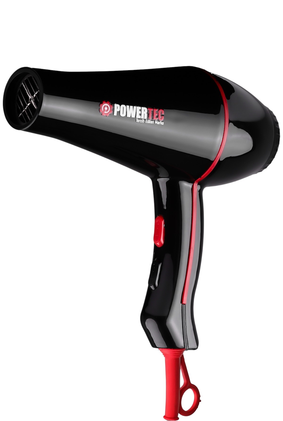 Kırmızı detaylı ve PowerTec logolu siyah saç kurutma makinesi.