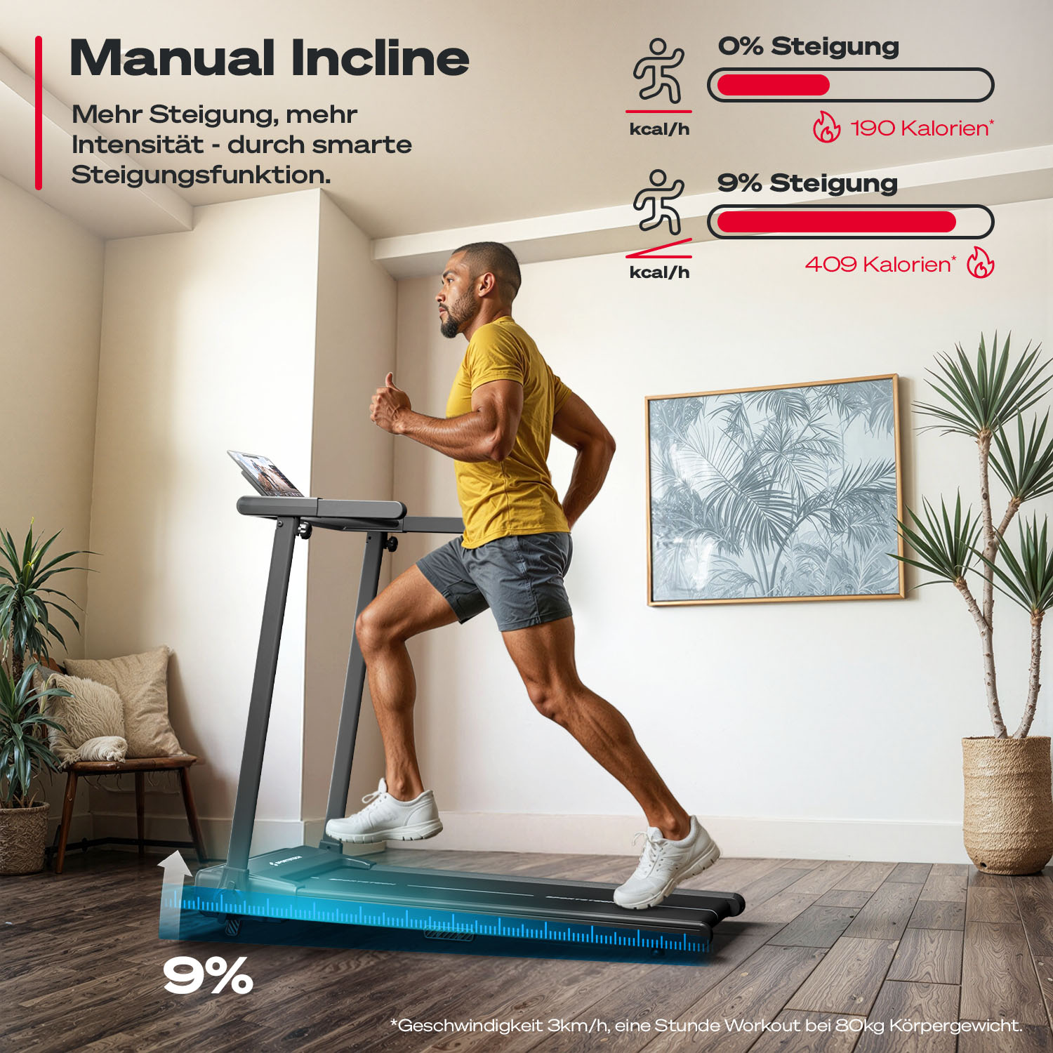 Mann läuft auf Laufband mit 9% Steigung, verbraucht mehr Kalorien.