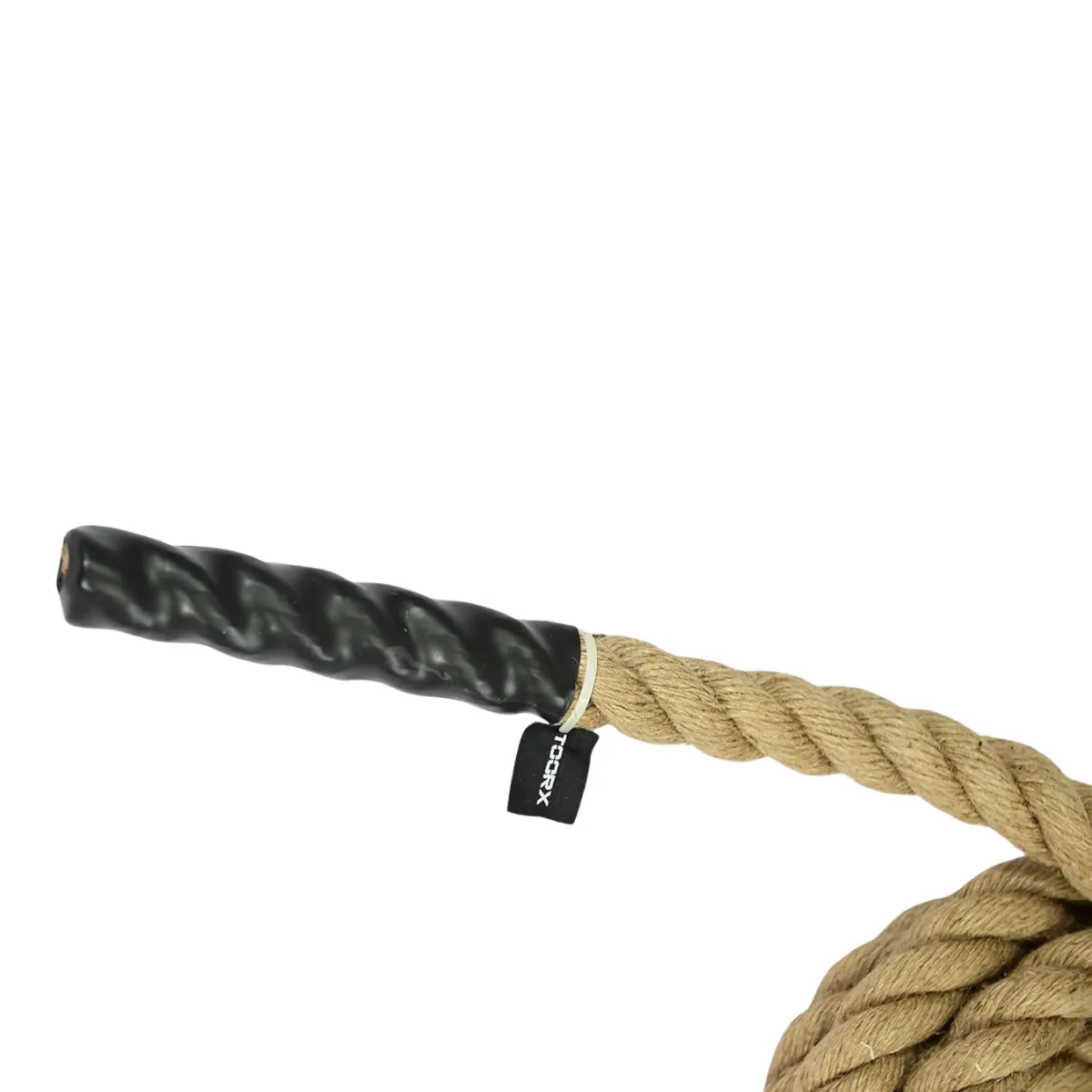 A thick, natural-colored rope with a black handle and a small black tag.