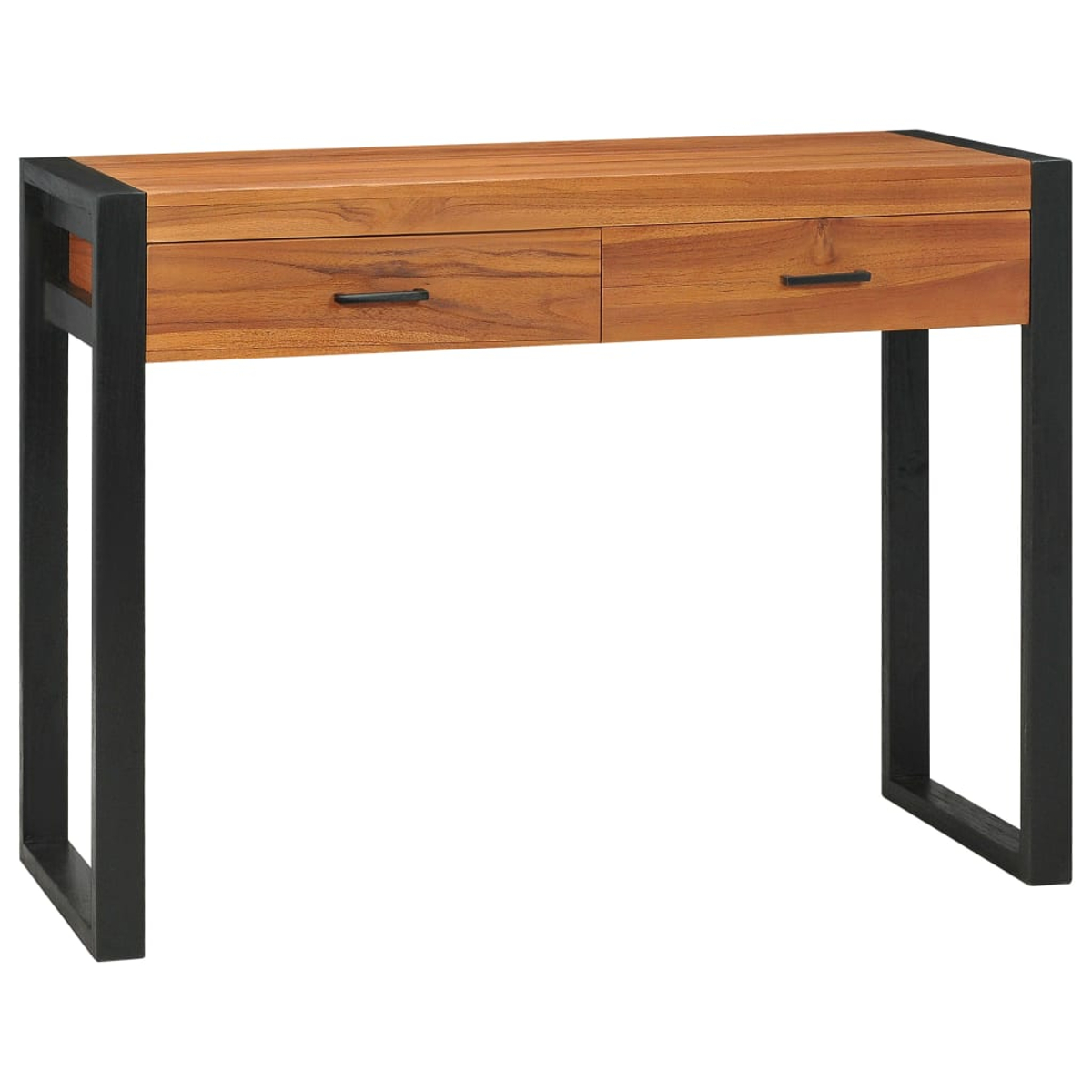 Braune Holzkonsole mit schwarzen Metallbeinen und zwei Schubladen.