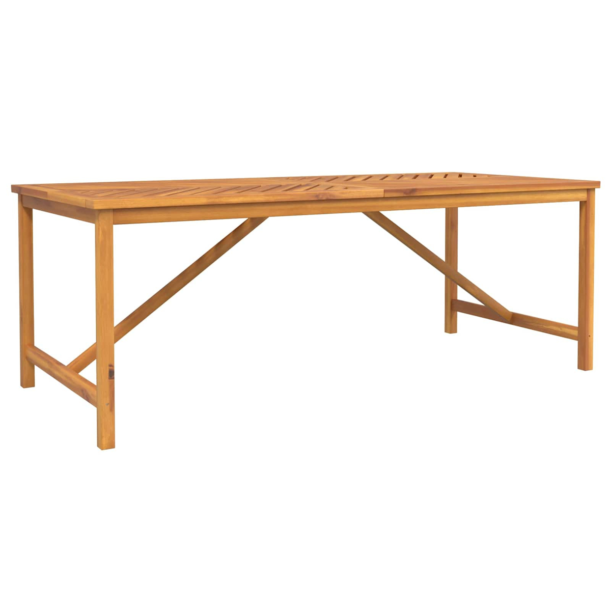 Ein rechteckiger Holztisch mit Lamellenoberfläche und schrägen Beinen.