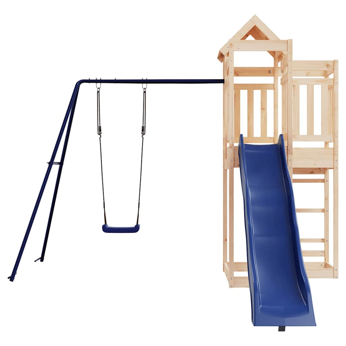 Holzspielturm mit blauer Rutsche und Schaukel