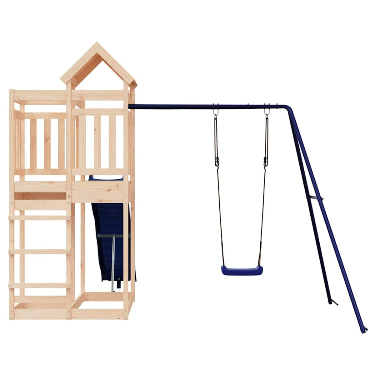 Holzspielturm mit Leiter, Rutsche, Schaukel und blauem Sitz.