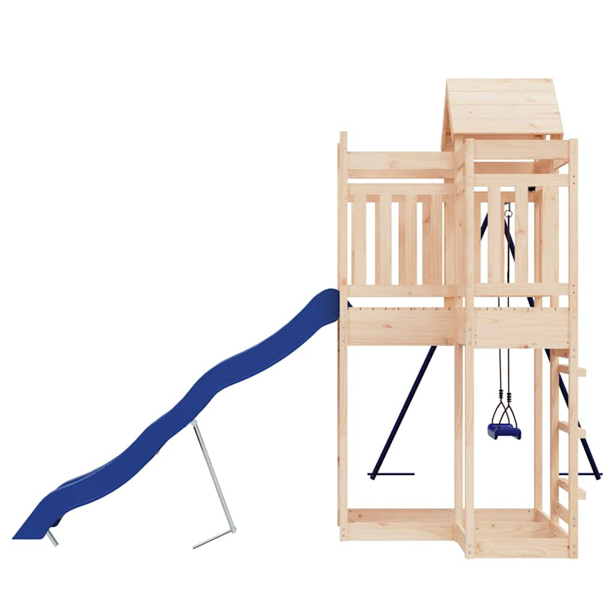 Holzspielturm mit blauer Rutsche und Schaukel. Weiße Hintergrund.