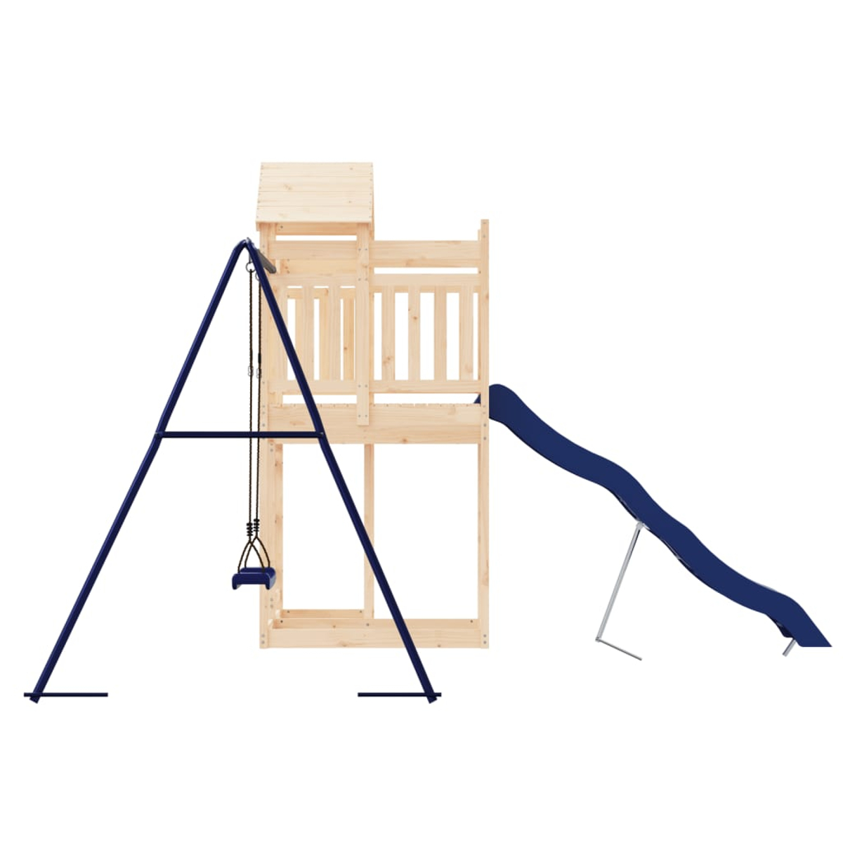 Ein hölzerner Spielturm mit einer blauen Rutsche und Schaukel.