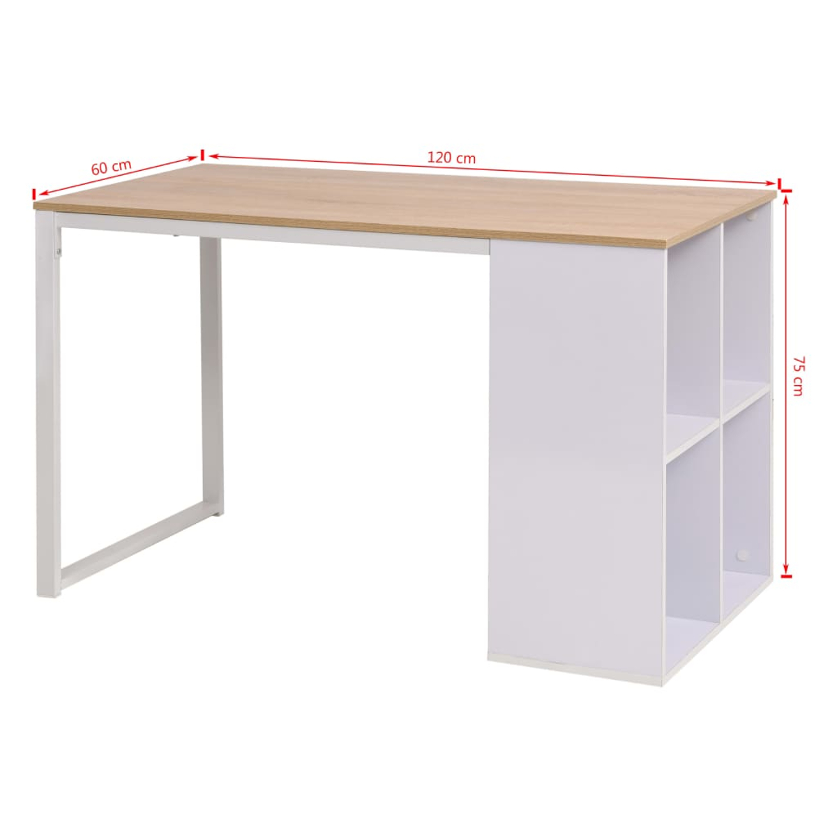 Ein weißer Schreibtisch mit Holzplatte und vier weißen Regalfächern.