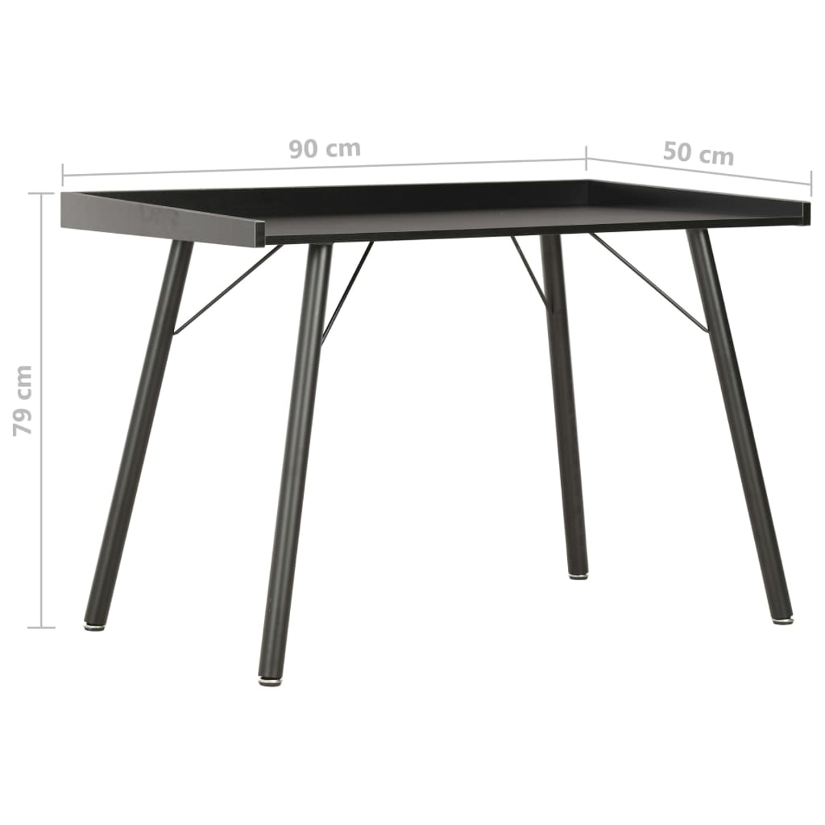 Schwarzer Tisch mit Maßen 90x50x79 cm und schlanken Beinen.