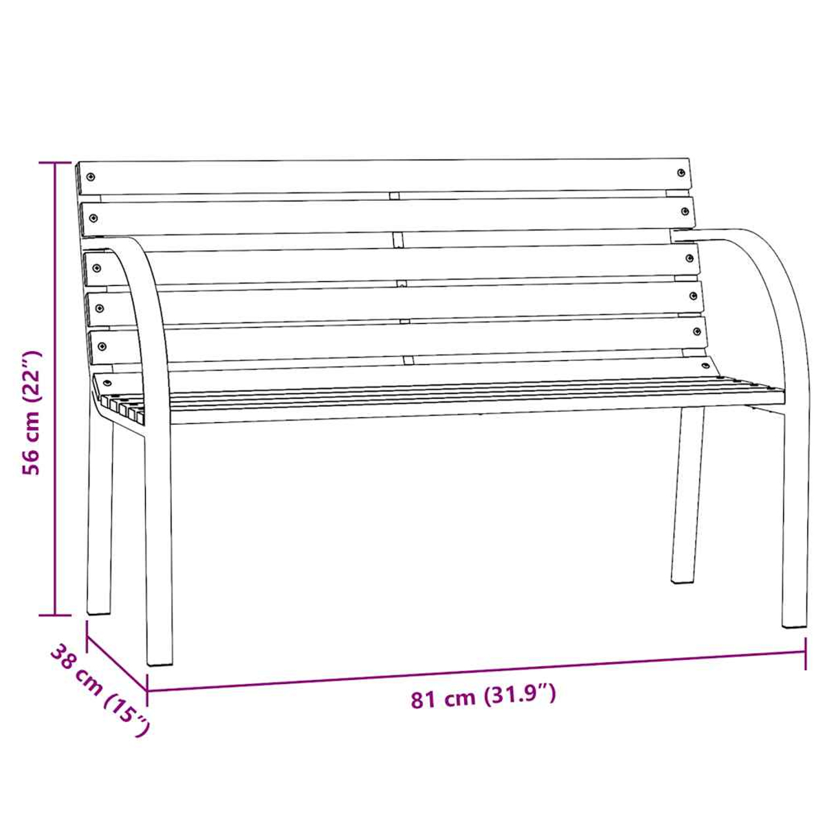 Eine Skizze einer Parkbank mit Maßen: Höhe 56 cm, Breite 81 cm, Tiefe 38 cm.