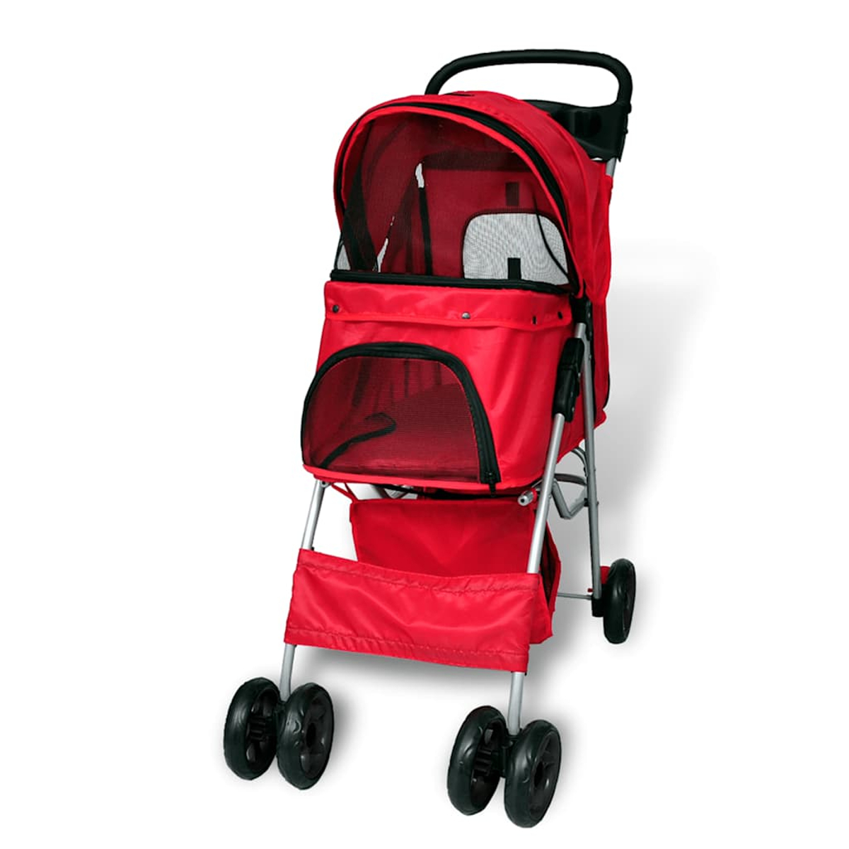 Ein roter Kinderwagen für Haustiere mit Netzfenstern und einem Griff.