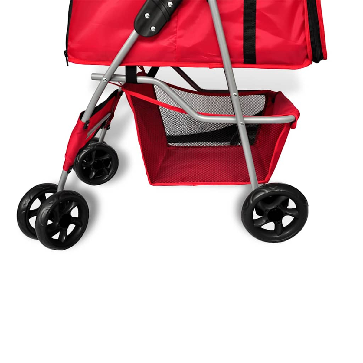 Roter Kinderwagen mit schwarzem Korb und Rädern auf weißem Hintergrund.