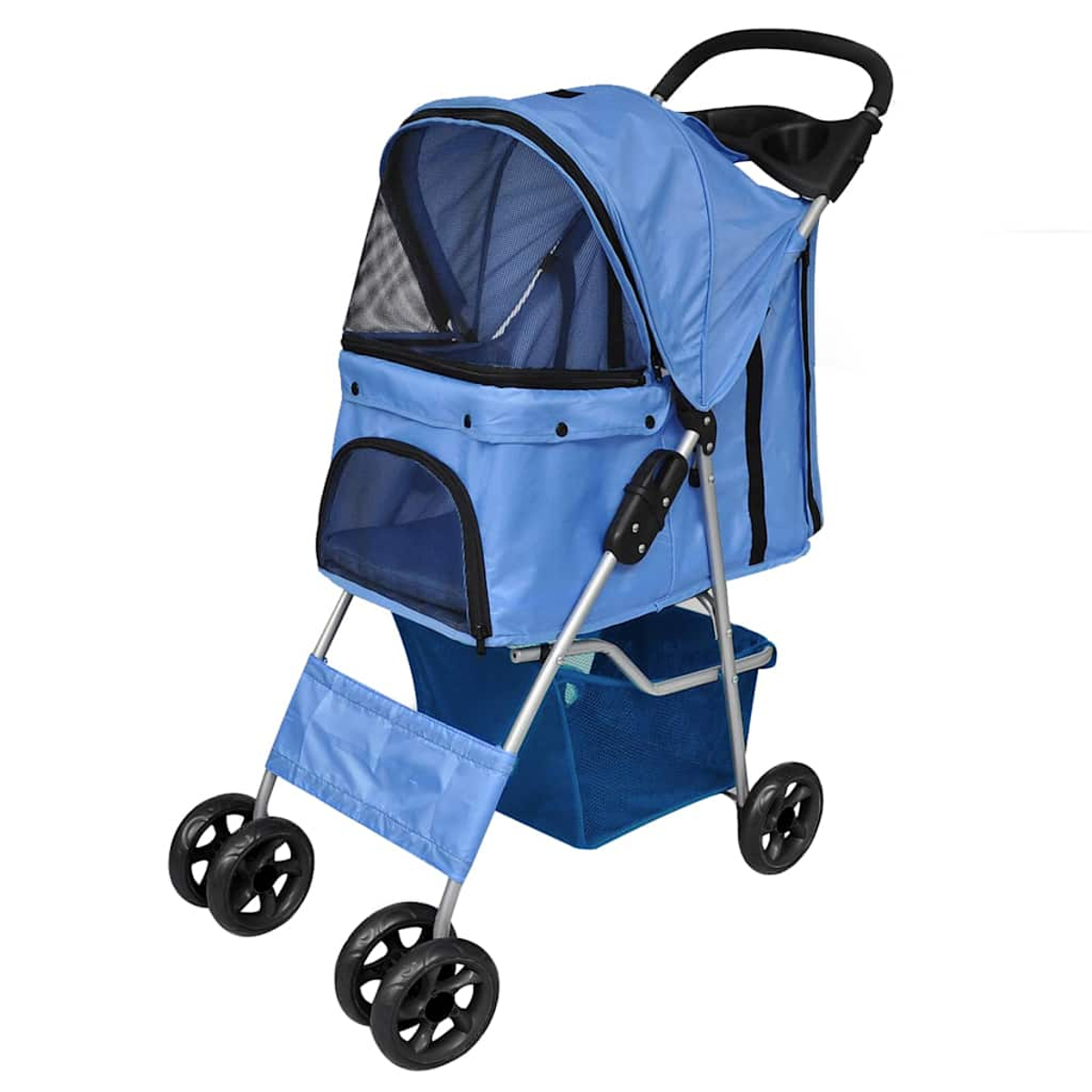 Ein blauer Kinderwagen für Haustiere mit Netzfenstern und einem Aufbewahrungsfach unten.