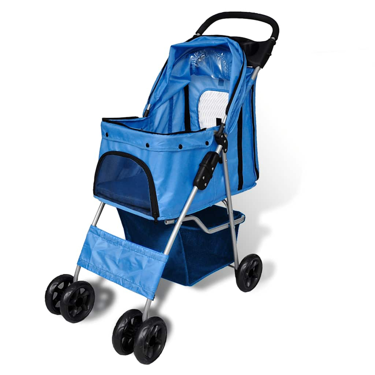 Ein blauer Hundewagen mit Netzfenstern und einem Aufbewahrungsfach.