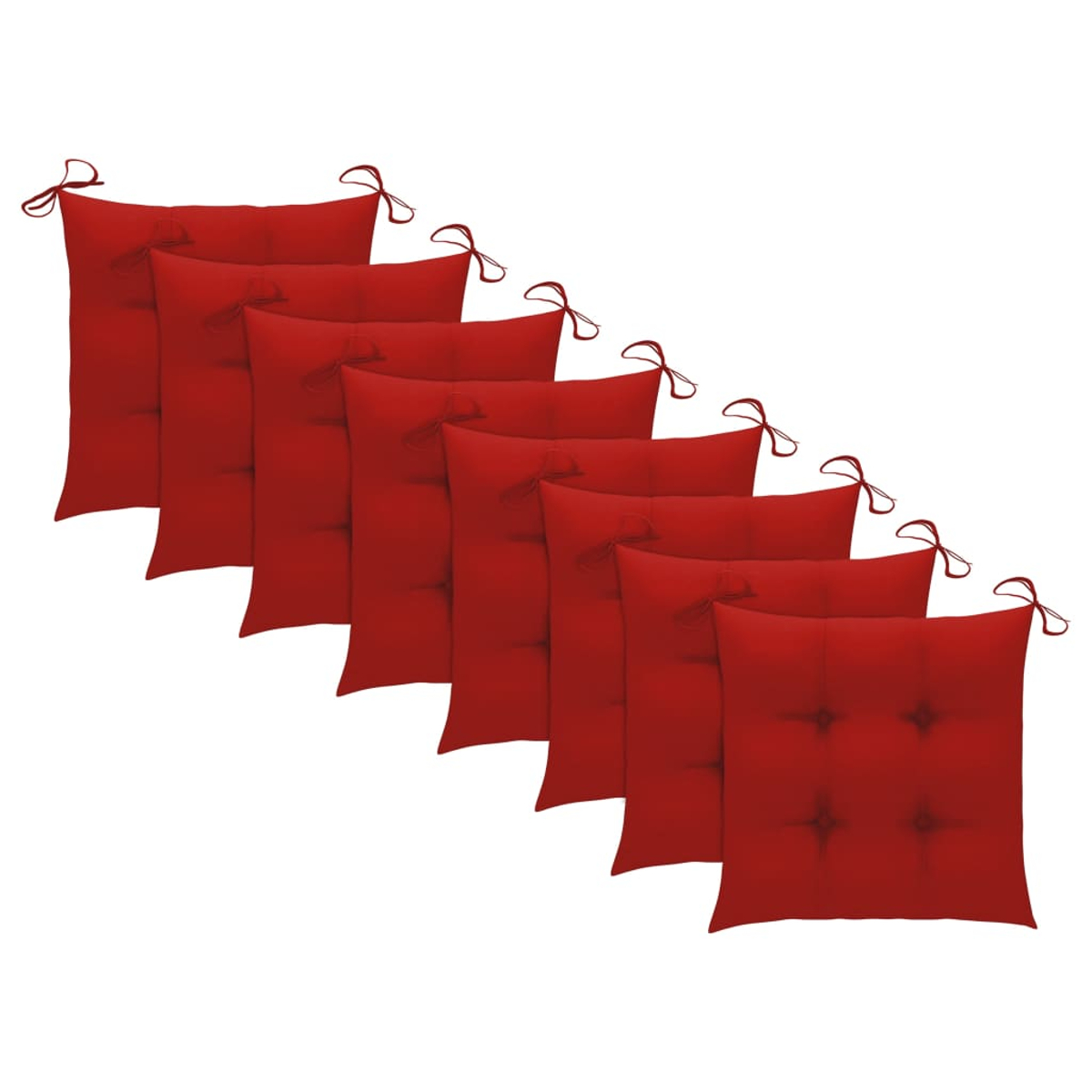 Acht rote Sitzkissen mit Bindebändern, diagonal auf weißem Grund angeordnet.