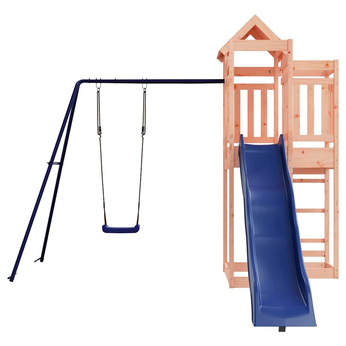 Ein Holzspielturm mit einer blauen Rutsche und einer blauen Schaukel.