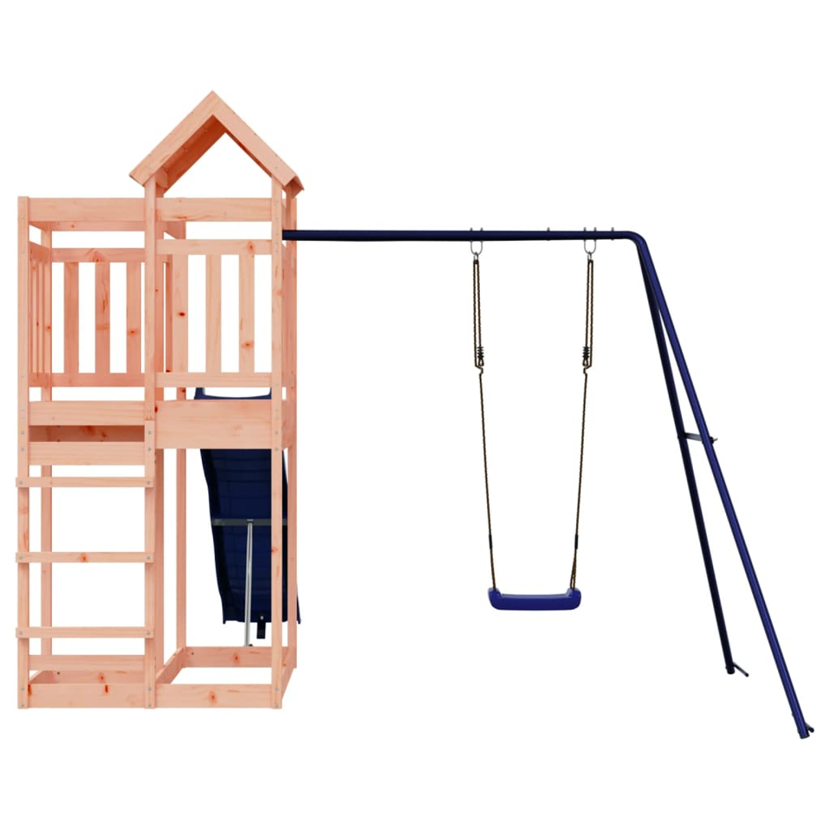 Holzspielturm mit Leiter und Schaukel auf blauem Stahlgestell.