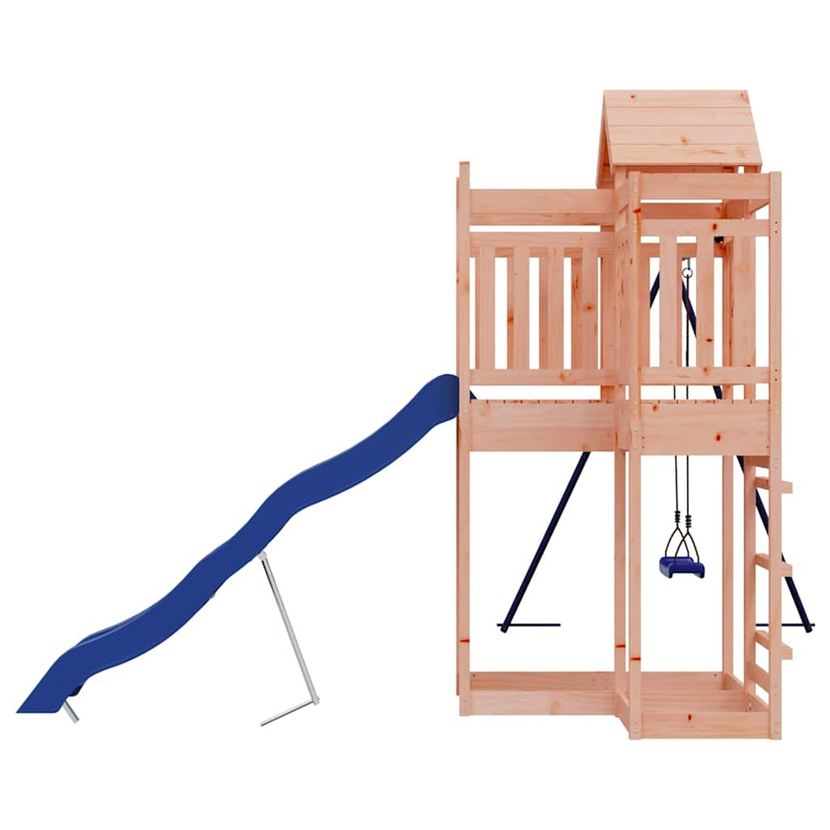 Ein hölzerner Spielturm mit einer blauen Rutsche und einer Schaukel.