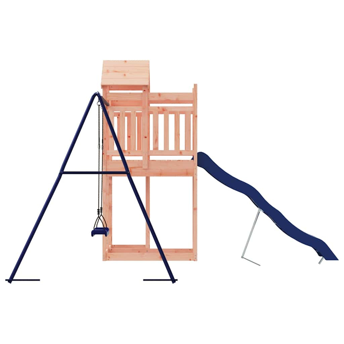 Ein Holzspielturm mit blauem Gestell, Schaukel und Rutsche auf weißem Hintergrund.