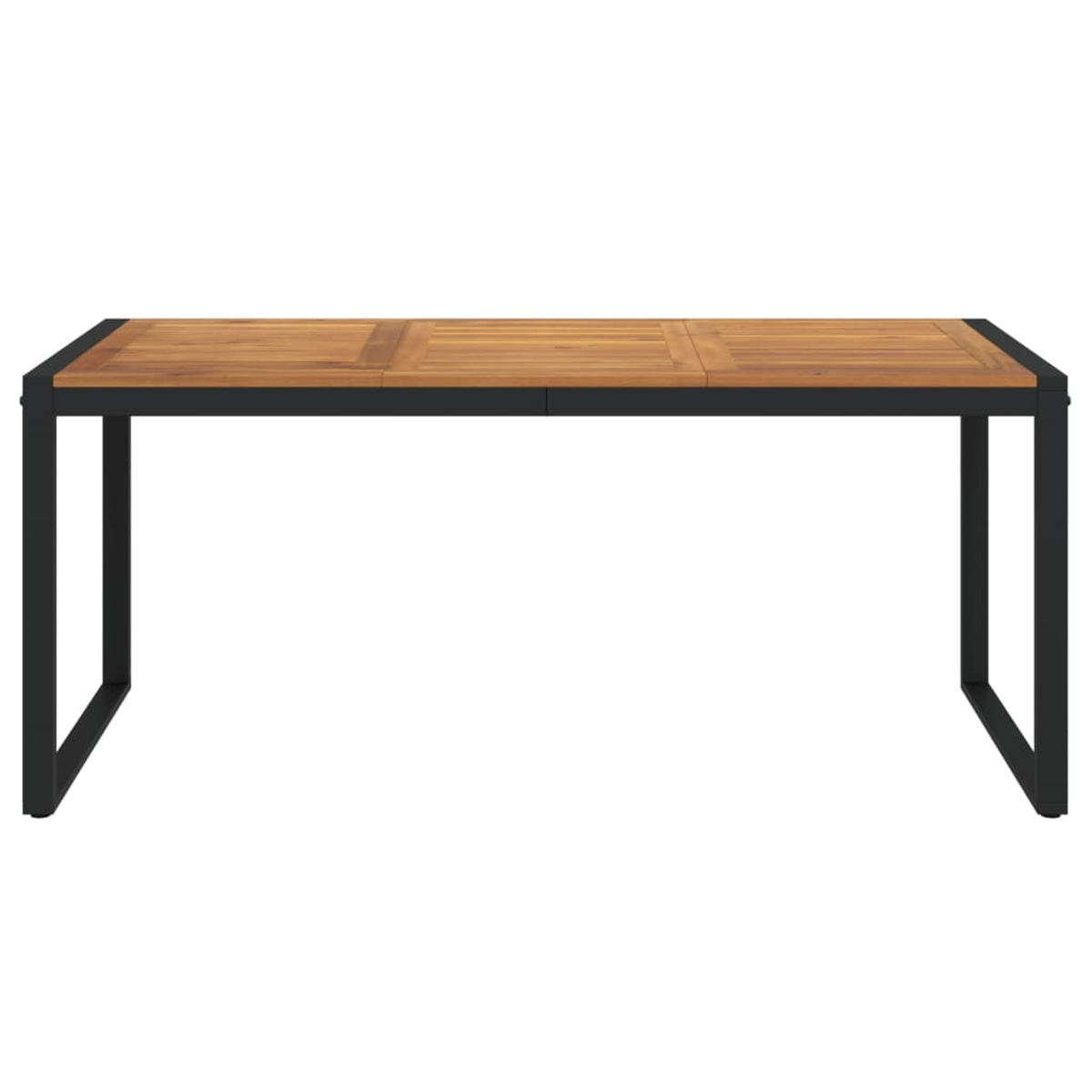 Ein rechteckiger Holztisch mit schwarzen Metallbeinen.