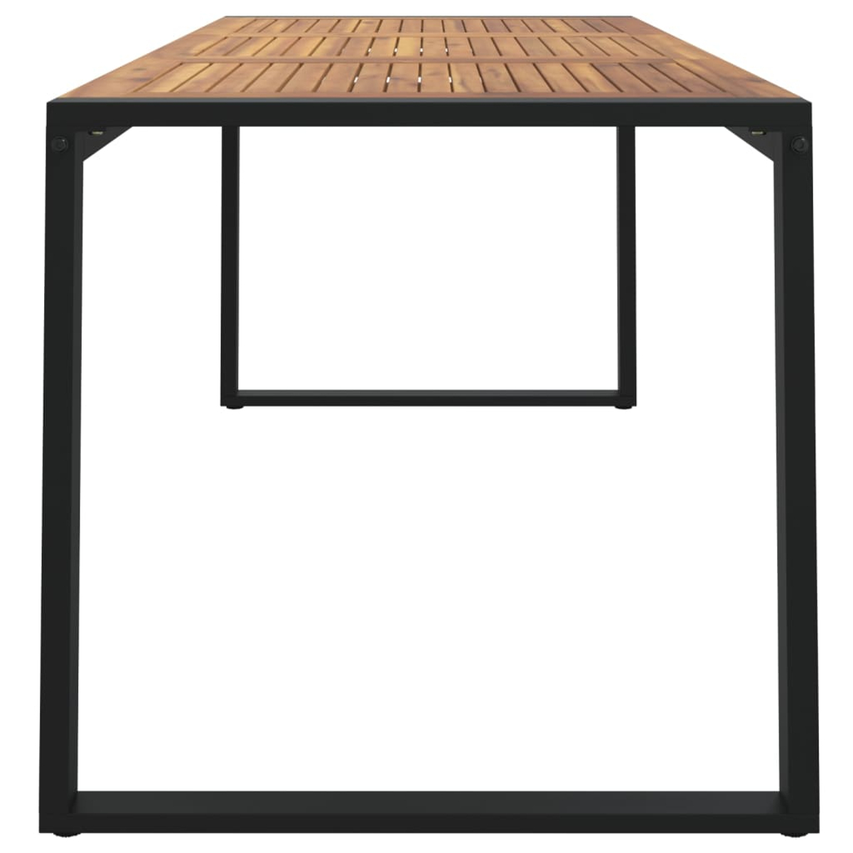 Eine Holztischplatte mit schwarzen Metallbeinen auf weißem Hintergrund.