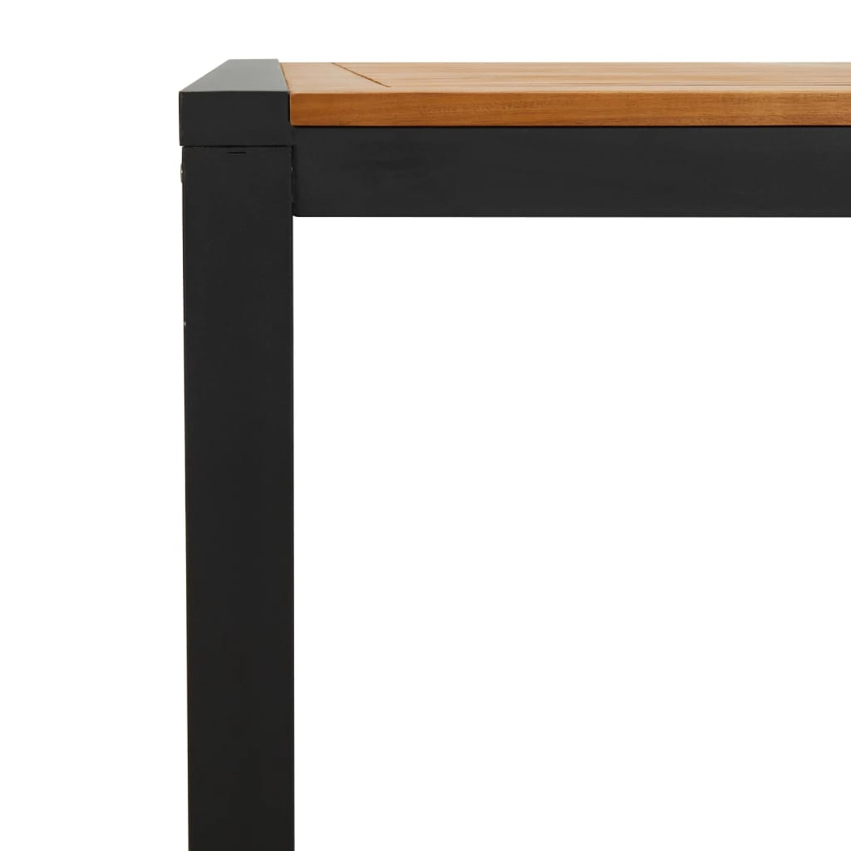 Detailansicht einer Holzplatte mit schwarzem Metallrahmen und Bein.