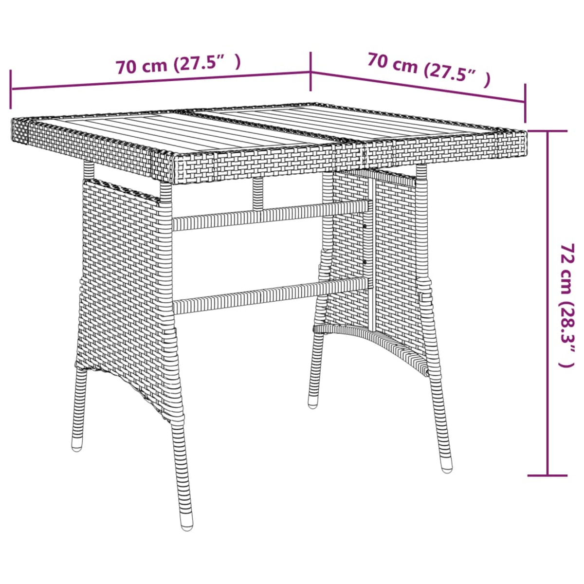 Ein rechteckiger Tisch aus Rattan-Geflecht mit Maßen 70x70x72 cm.