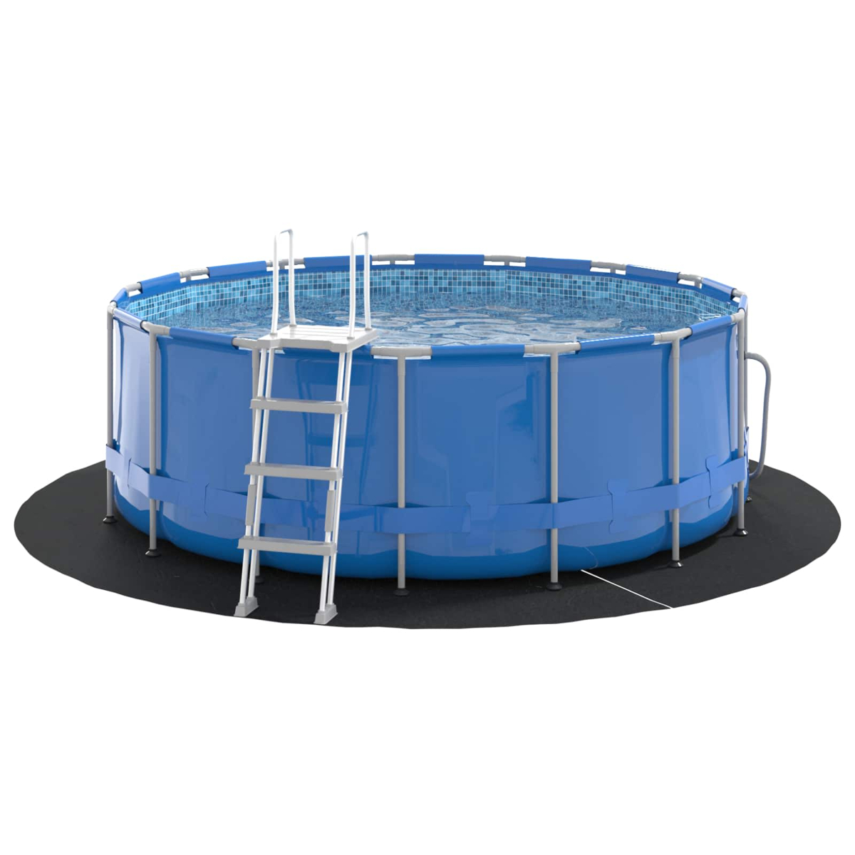 Ein blaues Rundpool mit Leiter, auf schwarzem Unterleg.