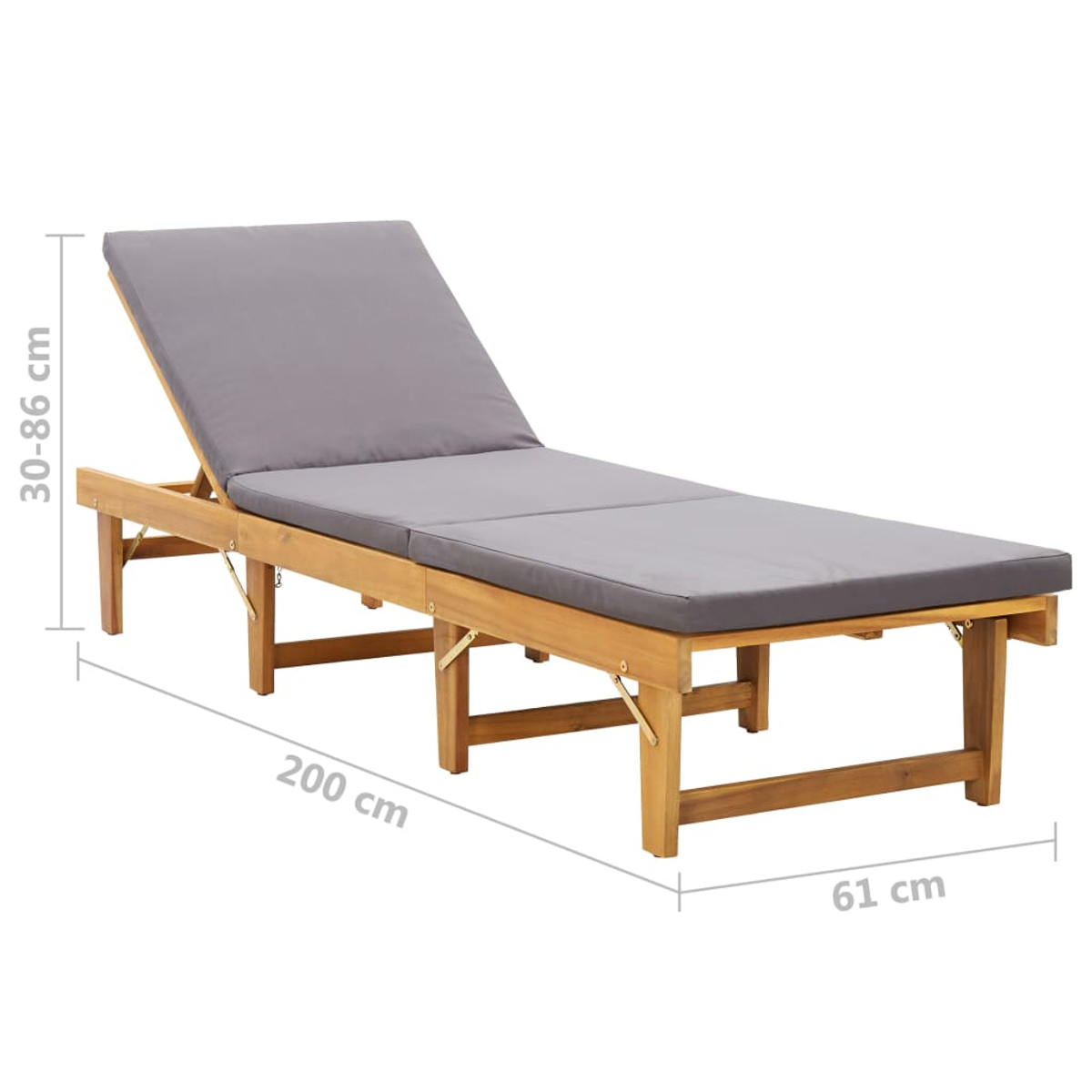 Holzliege mit grauer Polsterung, Maße: 200x61x(30-86)cm.