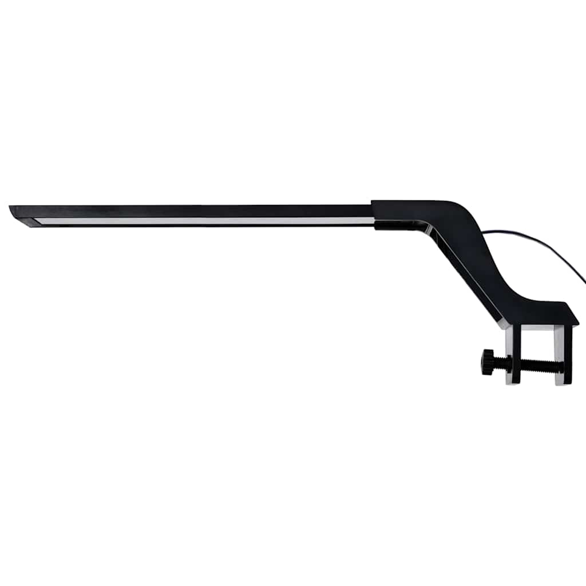 Schwarze LED-Klemmlampe mit schlankem Arm und verstellbarem Clip.