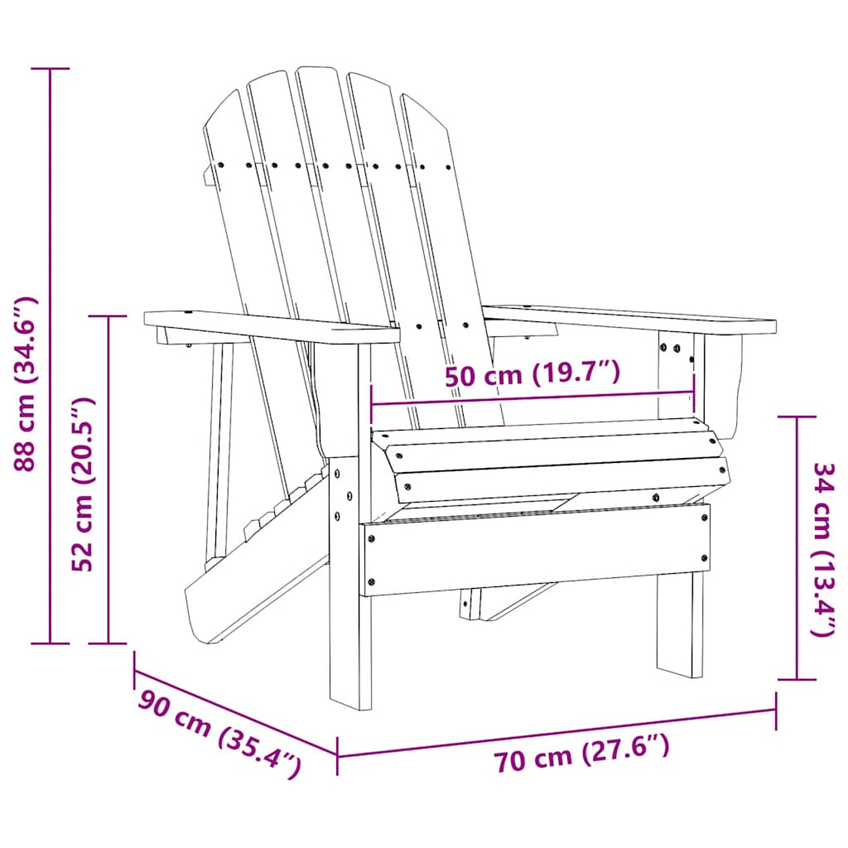 Zeichnung eines Adirondack-Stuhls mit Maßen in cm und Zoll.