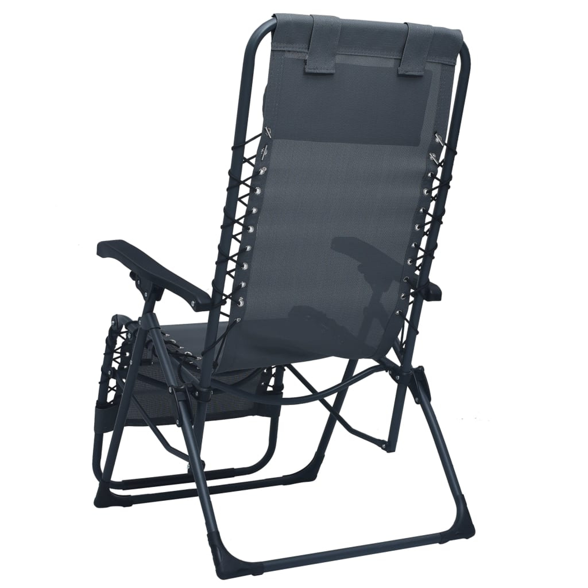 Ein grauer Zero-Gravity-Stuhl mit schwarzem Metallrahmen und Schnurverbindung.
