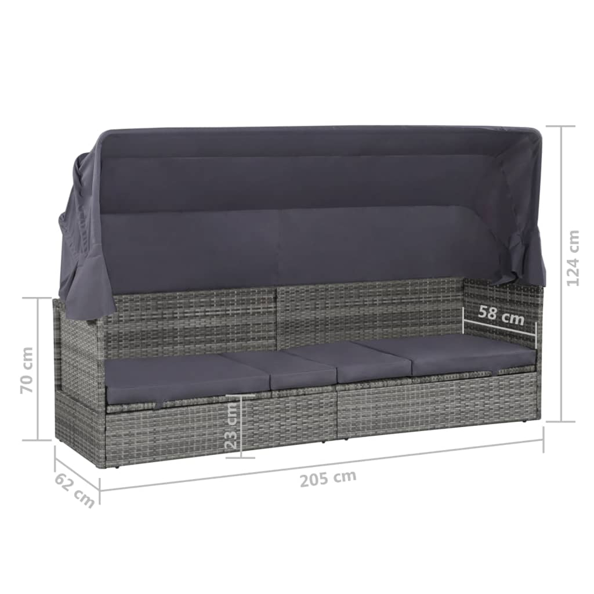 Graues Rattan-Sofa mit dunklen Kissen und Überdachung. Maße sind angegeben.