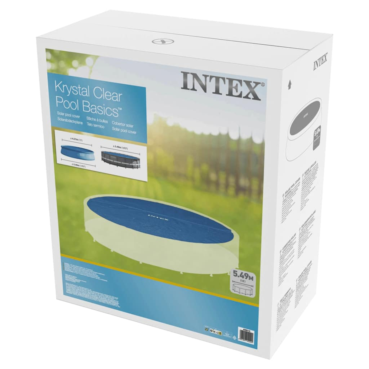 Doos voor Intex zwembadafdekking met afbeeldingen van zwembaden en de afdekking.